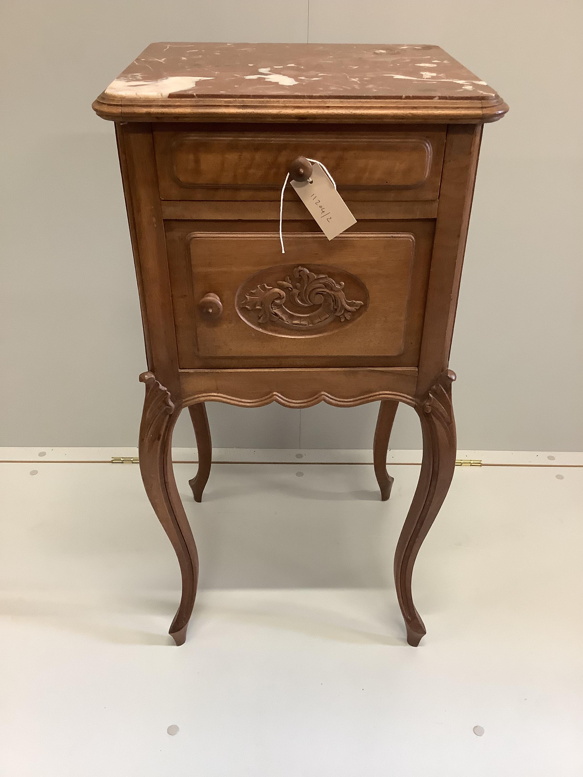 A 19th century French marble top walnut bedside cabinet, width 42cm, depth 36cm, height 82cm